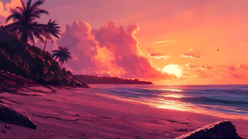 Warm tropical sunset glow over a peaceful palm-lined shore.
