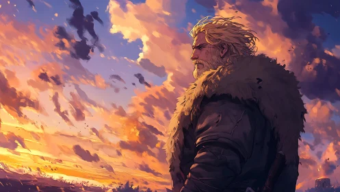 Digital painting of lone warrior against blazing sunset sky.