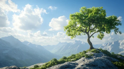 Solitary green tree on rocky ridge above distant mountains.