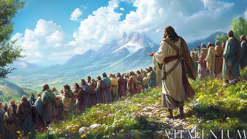 Mountain hillside sermon scene with robed crowd and valley vista