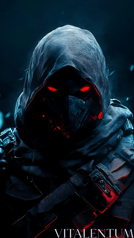 Cyberpunk hooded operative with red-lit tactical armor profile.