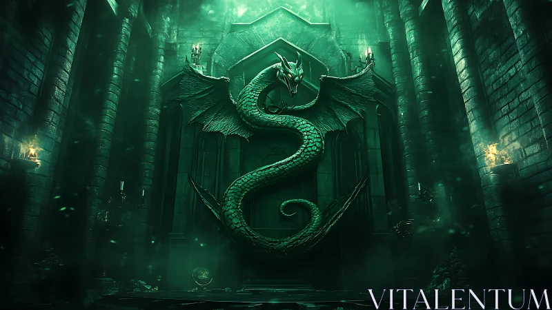 Emerald serpent dragon coils in a glowing ancient stone hall
