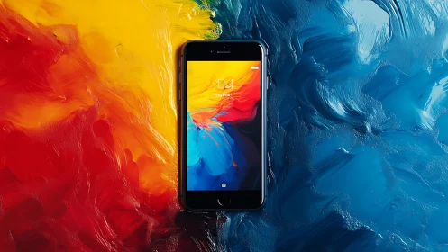 Smartphone poised between fire and oceanic color storms.