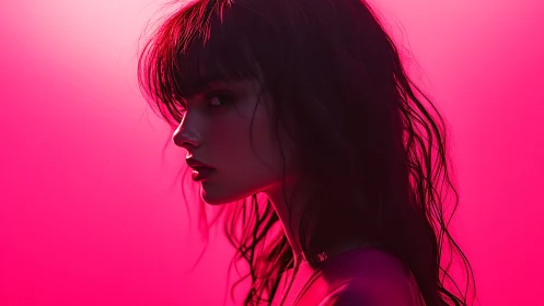 Woman in profile under saturated pink backlighting stands