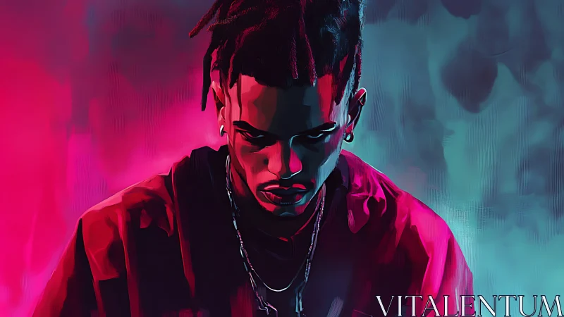 Neon shadows cradle a contemplative rebel in electric calm