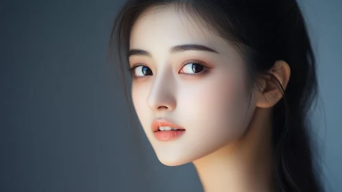 Digital portrait of young woman in soft side lighting.