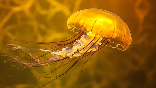 Orange jellyfish with extended tentacles in yellow water.