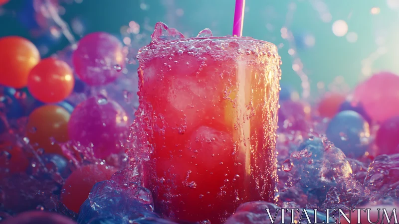 Vibrant carbonated beverage surrounded by neon spheres.