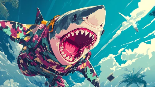 Camouflage shark with gear in dynamic tropical sky scene.