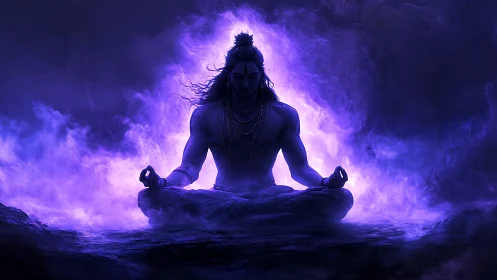 Silhouetted meditating figure within purple energy field.