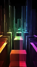 Luminous glass towers rise in a neon rainbow cityscape