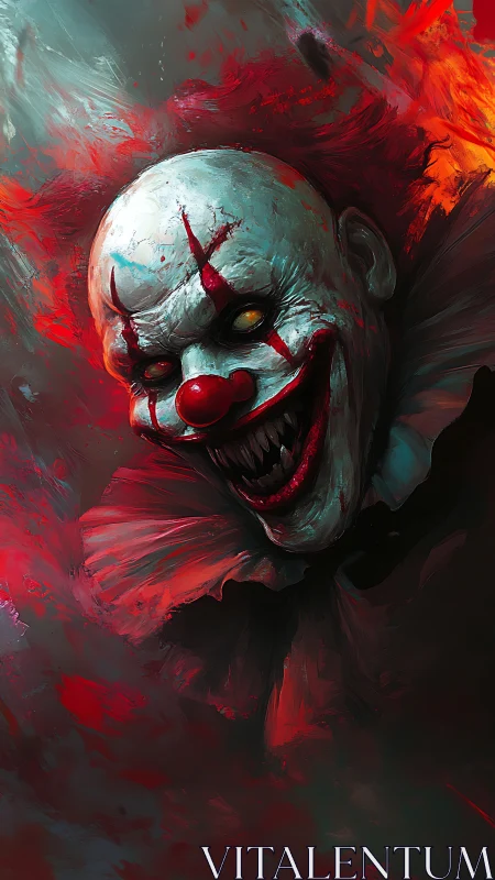 Grotesque clown portrait in red and teal digital rendering.