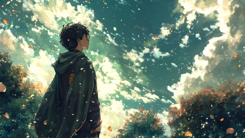 Cloaked dreamer under leafbright skies of wandering clouds.