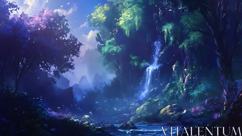 Luminescent Canyon with Waterfall in Mystical Forest Environment