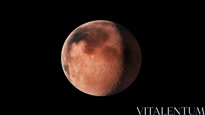 Rust-red lunar world drifting quietly in deep space.