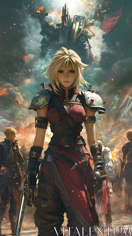 Armored warrior strides forward beneath towering war mech