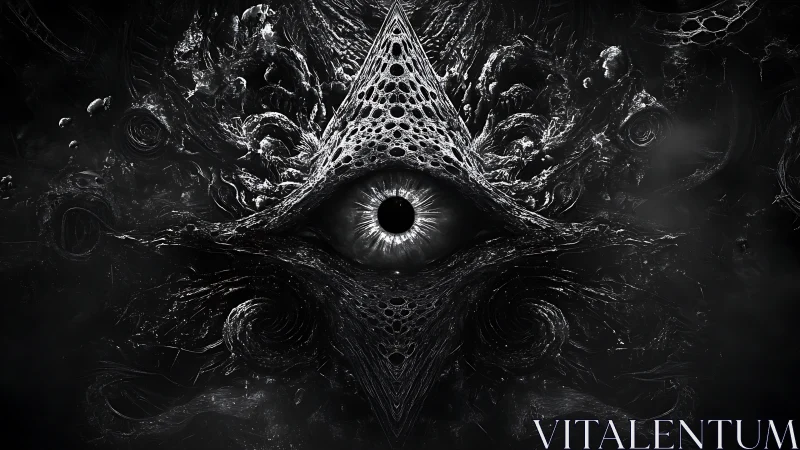 Cosmic eye at the heart of swirling shadowed geometry.