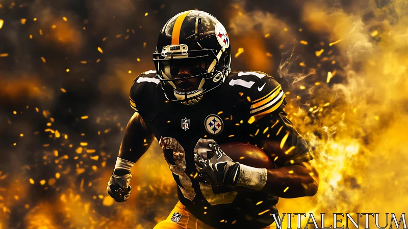 American football player in black uniform amid yellow sparks.