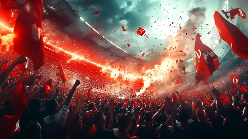 Crowded stadium with red flags under dramatic flares.