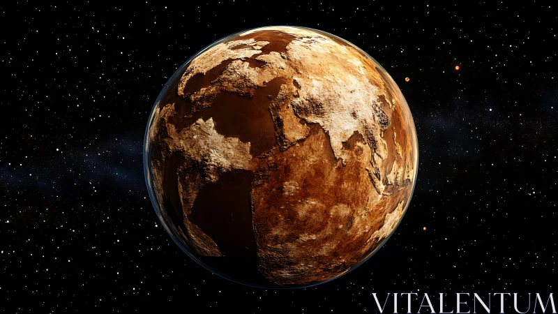 Rust-colored terrestrial planet rotates alone in star field