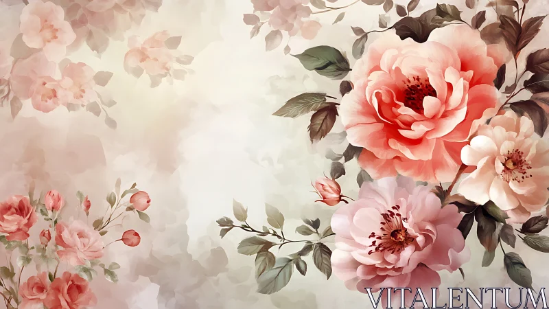 Botanical Illustration with Pink Peonies and Roses.