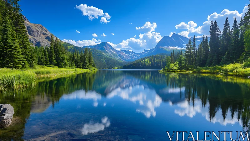 Mountain lake reflects conifer forest and distant peaks