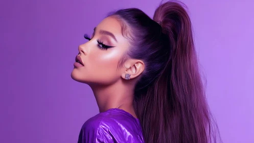 Profile portrait of woman in purple monochrome studio.