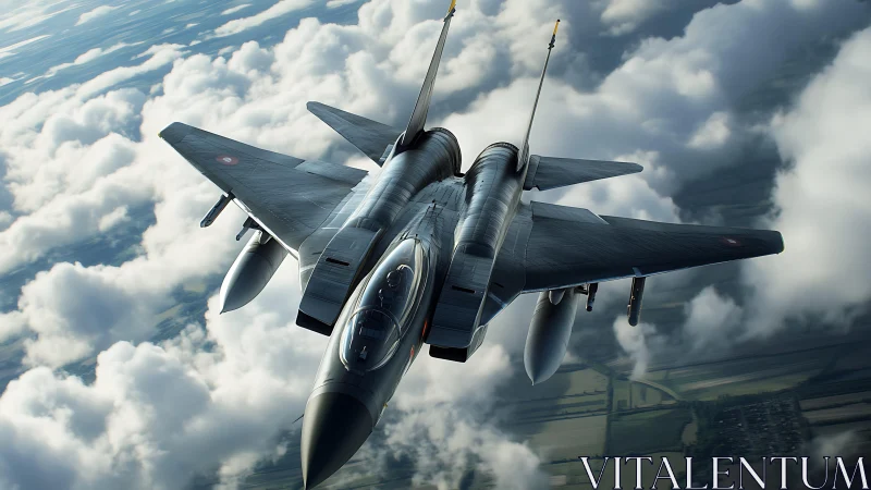 Modern twin‑engine fighter jet flying over dense clouds.