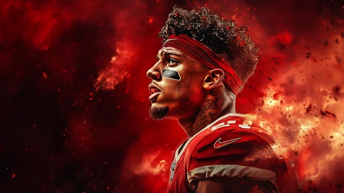 Flame-lit gridiron warrior studies the storm ahead