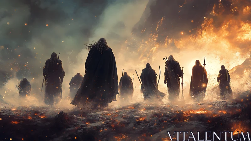 Cloaked figures with swords crossing volcanic ash field.