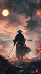 Digital painting of lone samurai in ember storm at dusk.