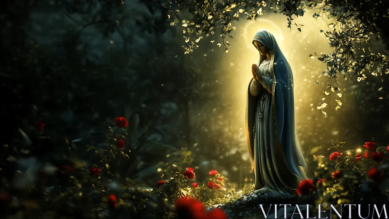 Gentle robed figure glows softly in a quiet forest sanctuary