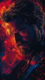 Bearded male portrait rendered in fiery orange and blue light