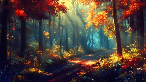 Luminous Forest Path Through Autumn Canopy.