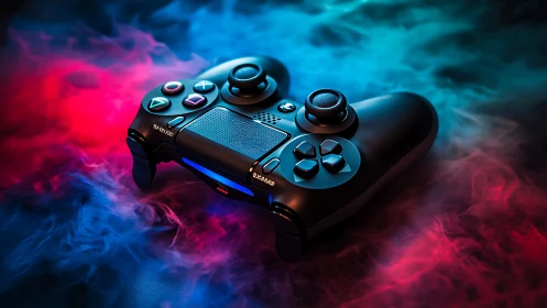 Gaming Controller Surrounded by Neon Smoke and Color.