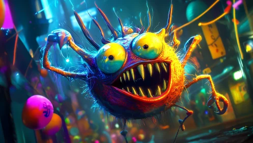 Neon alley gremlin explodes with grin and wild party chaos.