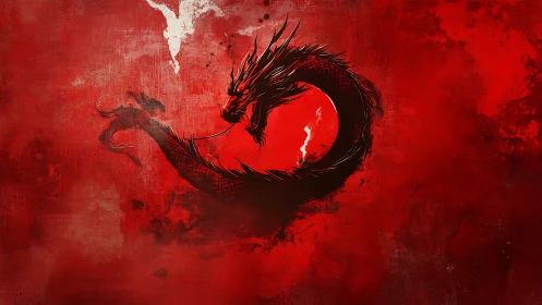 Coiled black dragon over distressed red abstract field.