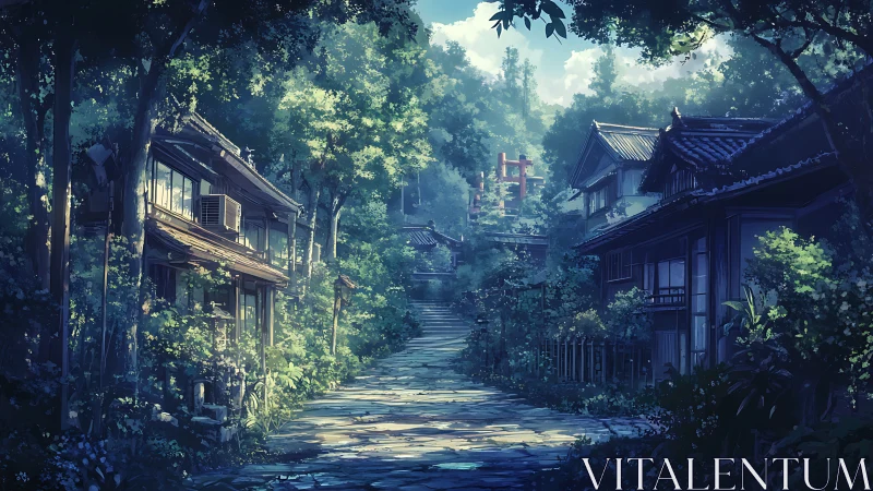 Quiet forest lane leads toward distant Shinto shrine gate