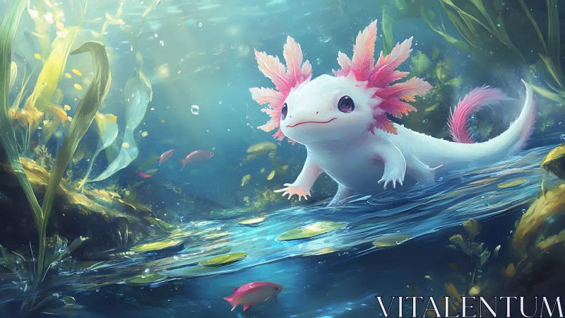 Cute fantasy axolotl in bright underwater stream scene.