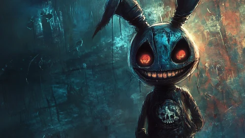 Robotic rabbit figure with glowing eyes in dark setting.