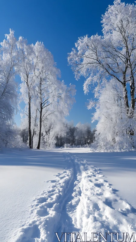 Photorealistic winter trail under frost laden birch canopy.