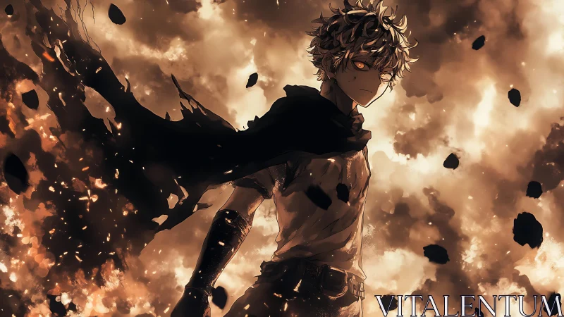 Storm-eyed warrior strolls through embers like falling stars