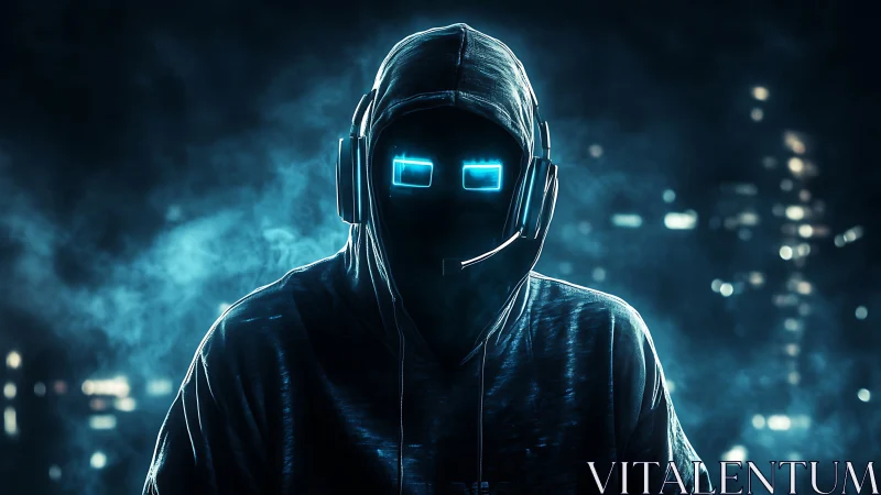 Hooded cyber avatar with neon visor emerges from digital haze
