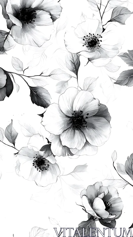 Delicate Black and White Floral Study with Botanical Elegance