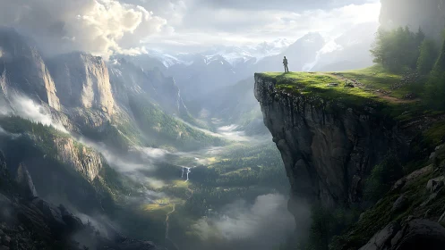 Lone figure on high cliff above expansive misty valley.