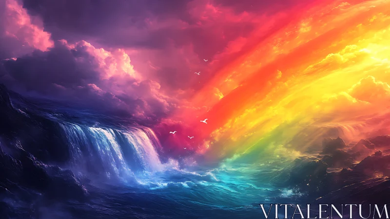 Prismatic ocean waterfall under radiant storm-split sky.