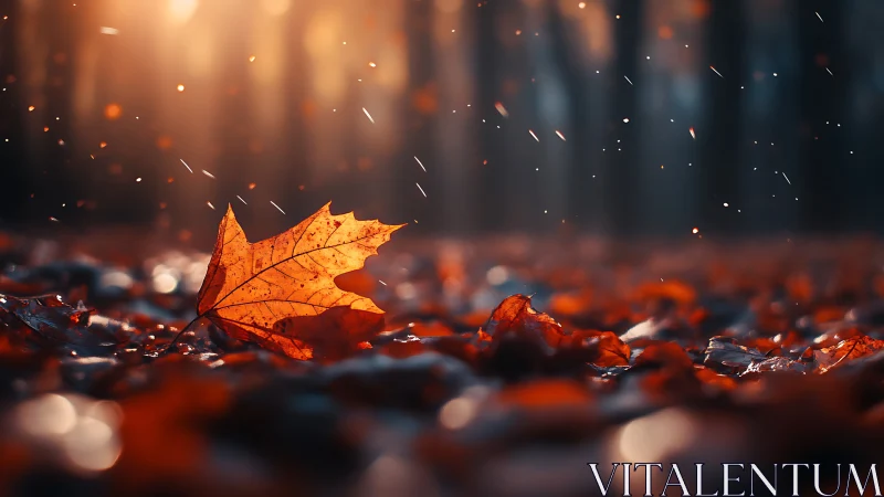 Backlit autumn leaf rendered in shallow-depth photorealism