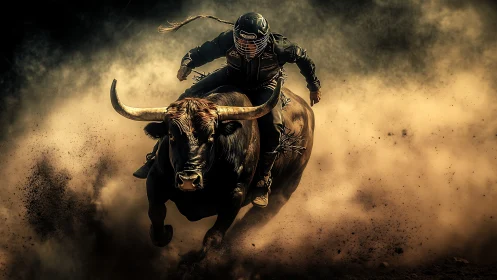 Helmeted rider controls charging bull amid dense dust