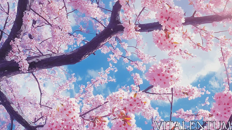 Cherry blossom branches against bright spring sky.