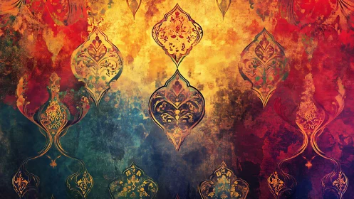 Ornate arabesque motifs over fiery abstract gradient background.